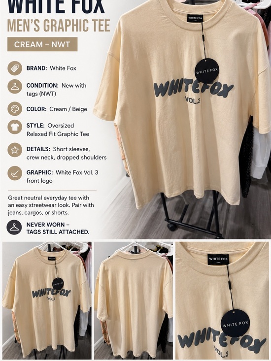 White Fox Boutique Other - White Fox Boutique Cream Graphic Men's Tee - Oversized Relaxed Fit